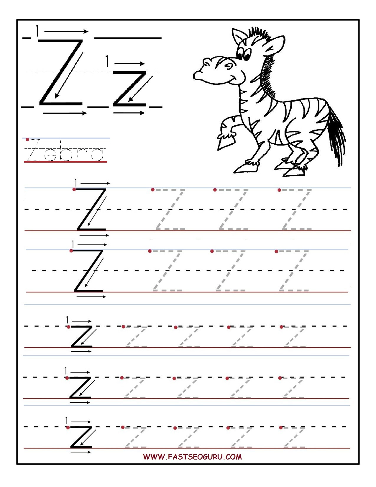 Printable letter Z tracing worksheets for preschool